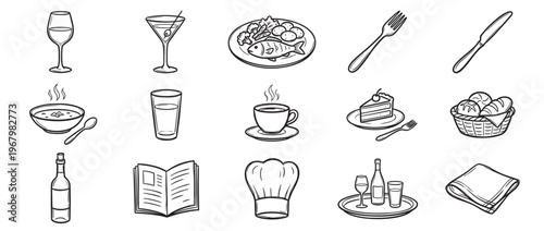 Collection of hand-drawn black and white line art icons representing various restaurant and dining elements