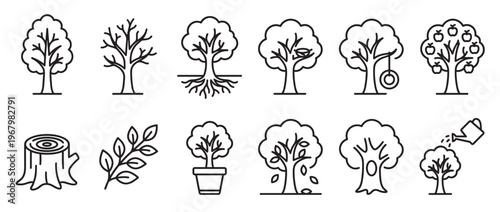 Collection of various simple black outline tree icons, including roots, leaves, apples, and a tree stump, presented in a clean, graphic style
