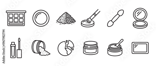 Collection of black outline icons depicting various makeup products and tools, including eyeshadow palettes, brushes, and compacts