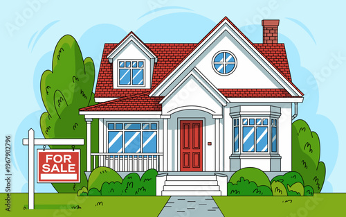 Charming suburban residential house for sale with a red front door and a classic picket fence sign in a peaceful neighborhood setting, depicting real estate investment opportunities and home ownership