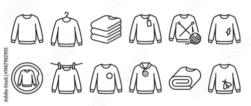 Collection of twelve black outline sweater icons illustrating various states and activities related to clothing care and fashion