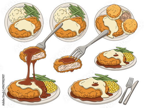 Set of delicious breaded fried pork schnitzel cutlets served with creamy gravy and brown sauce, featuring mashed potatoes, green beans, corn, and biscuits arranged in a culinary collection for dining 