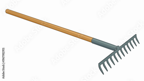 A garden rake with a sturdy wooden handle and metal head isolated on a white background, representing agriculture, landscaping, yard work, soil preparation, autumn cleanup, gardening tools, and mainte
