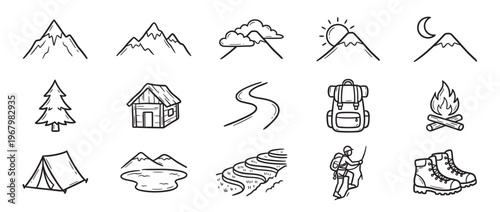 Collection of hand-drawn outdoor adventure icons featuring mountains, trees, cabins, and camping gear in a simple doodle style