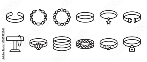 Collection of various outline style bracelets and chokers, including chain, beaded, and studded designs, presented as a set of icons