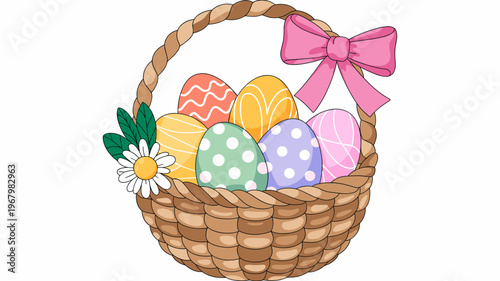 A vibrant cartoon woven basket filled with colorful patterned Easter eggs decorated with polka dots and swirls adorned with a dainty daisy flower and a big pink bow, perfect for spring holiday greetin