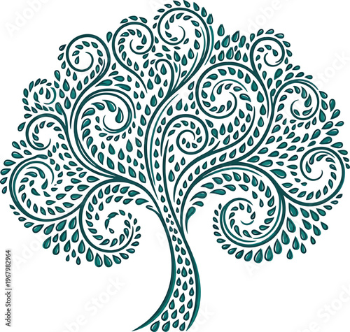 Minimalist vector offset fill style spiral of staggered raindrops forming abstract tree like pattern rare nature design white background for environmental branding.
