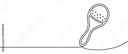 Single continuous line art drawing of a maraca, a percussion instrument, in a simple black and white graphic style