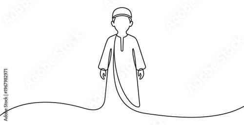 Continuous line art drawing of a young Muslim boy wearing a traditional kufi cap and thobe, standing upright