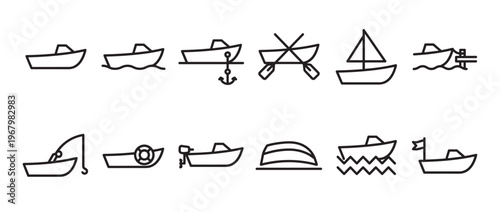 Collection of various simple black outline boat icons, including motorboats, sailboats, and rowboats, presented in a clean, minimalist style