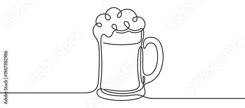 Single continuous line drawing of a beer mug filled with frothy foam, rendered in a minimalist style