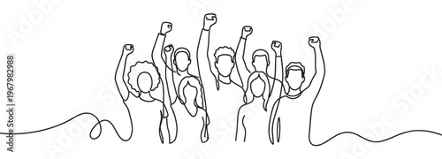 Group of diverse people with raised fists are depicted in a continuous line art drawing, symbolizing unity and protest