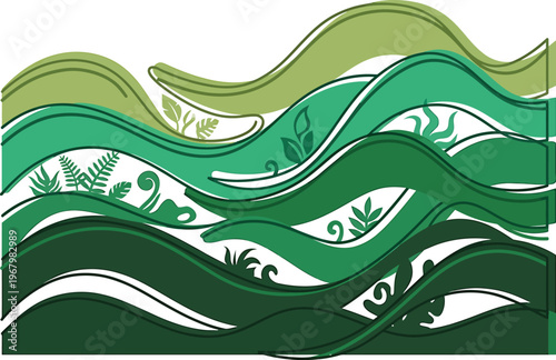 Minimalist vector offset fill style wave like canopy layers stacked with unique rainforest abstraction solid color white background modern environmental graphic design element.
