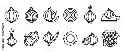 Collection of various black outline onion icons depicting whole, sliced, and chopped onions, along with a knife and a mesh bag, presented in a clean, minimalist style