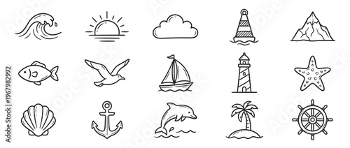Collection of fifteen hand-drawn doodle style nautical and marine icons, including a wave, sun, cloud, lighthouse, mountain, fish, seagull, sailboat, starfish, seashell, anchor, dolphin,
