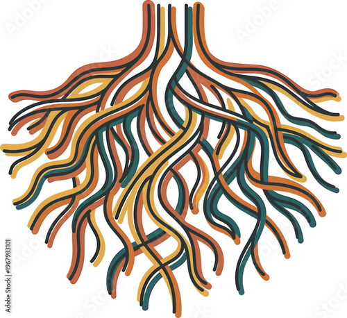 Minimalist vector offset fill style tree roots layered in slightly detached abstract symbolic design solid color white background rainforest foundation icon growth element.
