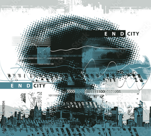 Vector pixel nuclear explosion mushroom cloud with halftone effect on grunge background. Suitable for anti-war posters dedicated to nuclear war. Urban, street art, t-shirt. No AI 