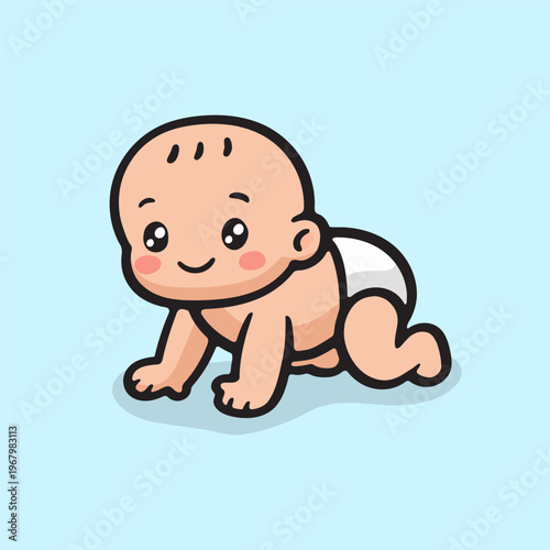 Cute cartoon baby crawling happily on light blue background