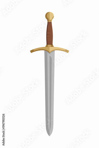 A detailed flat vector illustration featuring a majestic medieval silver crusader sword isolated on white background depicting historical warfare armor knightly weaponry design for gaming icons or fan