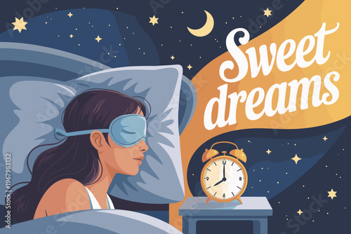 Young woman wearing a sleep mask resting comfortably in bed at night with a bedside alarm clock under a dreamy starry sky atmosphere featuring peaceful rest, healthy sleeping habits and bedtime wellne