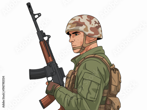 A professional soldier dressed in tactical military combat uniform holding a modern assault rifle with steady focus, prepared for defense duty, national security concept isolated on a clean white back