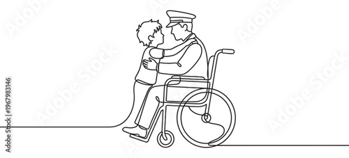 Continuous line drawing of a young boy embracing a uniformed man sitting in a wheelchair, illustrating a heartfelt reunion