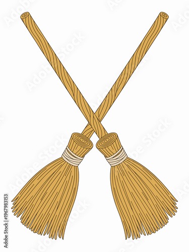 A pair of traditional wooden rustic straw brooms crossed to form an X symbol isolated on a clean white background, digital illustration depicting house cleaning equipment, witchcraft, magic, or chores
