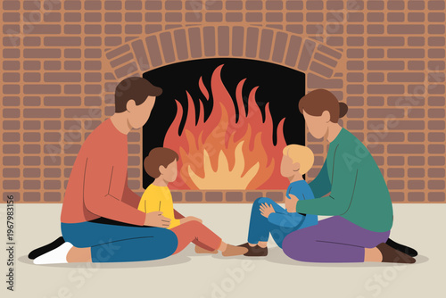 A happy young family with parents and children sitting together on floor by a warm cozy fireplace in a home interior setting representing love togetherness parenting childcare comfort and peaceful uni