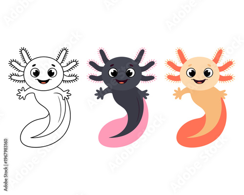 Cute axolotl character set for coloring book pages and mascot design featuring friendly aquatic salamander creatures in line art black and white with vibrant colorful styles for kids education game gr