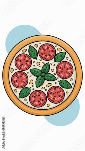 A vibrant top-down view of freshly baked classic Margherita pizza featuring sliced ripe red tomatoes and aromatic green basil leaves on creamy melted mozzarella cheese, flat vector illustration art st