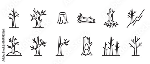 Collection of various dead tree line art icons, including stumps, logs, and bare branches, presented in a clean, minimalist style