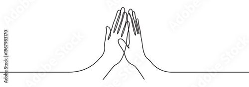 Two continuous line drawing hands with fingers touching in a high five gesture, symbolizing connection and partnership