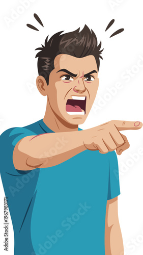 Angry young man shouting and pointing finger aggressively with frustrated expression isolated on white background depicting conflict disagreement bullying confrontation complex emotional stress concep