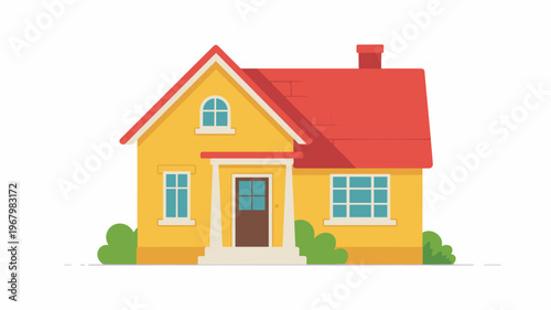 A charming yellow suburban cottage house illustration featuring a classic red roof, windows, and greenery, representing peaceful residential living, real estate investment, home ownership, and propert
