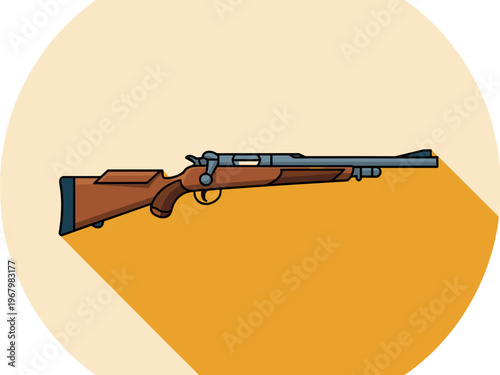 Bolt action rifle hunting firearm illustration on round background, classic wooden stock weapon for sport shooting and outdoor wildlife adventure, long range marksmanship gear, flat design icon symbol