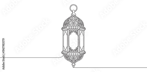 Ornate black line art drawing of a traditional Arabic lantern with intricate patterns, captured in a continuous line style