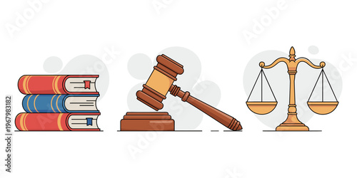 A set of law icons including a stack of legal books with colored bookmarks, a wooden judge gavel resting on a sounding block, and golden scales of justice, depicted in a flat vector style for courtroo