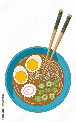 Top view ramen bowl illustration featuring delicious Japanese noodles with soft boiled eggs narutomaki fish cake and green onions with chopsticks in a simple flat vector dining concept for food menu d