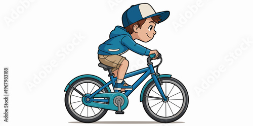 Happy young boy riding a blue bicycle, joyful child pedaling a fun bike during outdoor physical activity, active lifestyle illustration representing childhood development, learning balance, summer lei