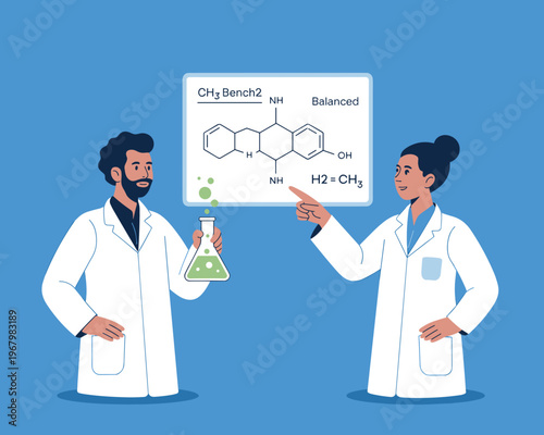 Professional male and female scientists in white lab coats analyzing complex chemical formulas on a classroom whiteboard during collaborative laboratory research for modern pharmaceutical biotechnolog