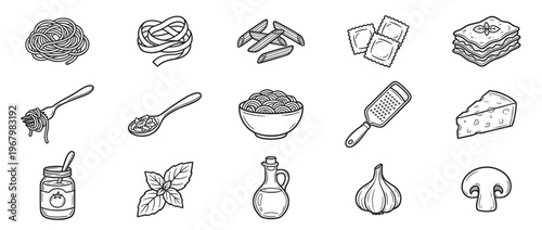Collection of hand-drawn Italian pasta and ingredient icons in a clean, black and white line art style