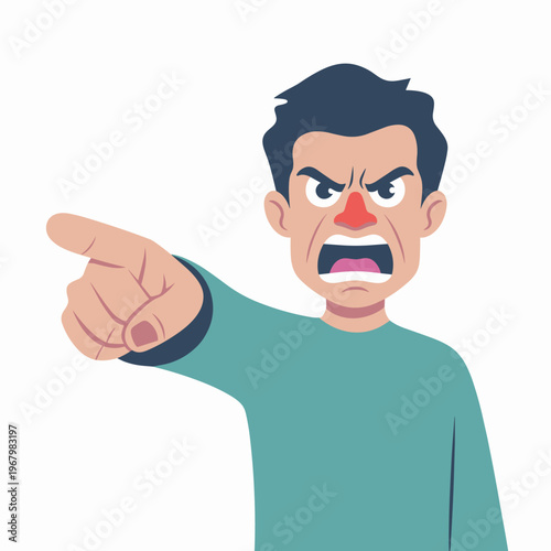 Angry man pointing forward with aggressive facial expression showing rage and frustration, stylized vector illustration representing conflict, bullying, demanding customer service, blame or yelling au