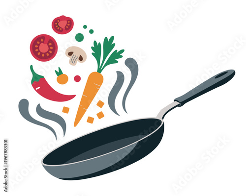 A vibrant flat vector illustration of a professional black kitchen frying pan with fresh colorful organic vegetables like carrots tomatoes mushrooms and chili, healthy home cooking and culinary art th