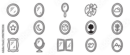 Collection of hand-drawn black outline mirror icons and various nature-themed oval frames, presented in a clean, graphic style