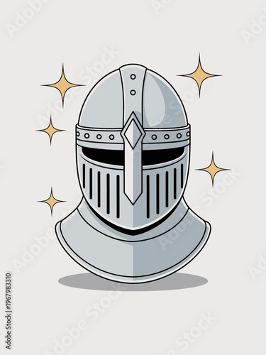 Shiny polished medieval knight armor helmet featuring a metallic steel visor design isolated on a clean light backdrop, signifying strength, valor, historic protection, battle bravery and classic chiv
