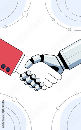 Human hand and robotic prosthetic handshake representing a collaborative partnership between man and artificial intelligence for future business technology innovation in a minimalist digital aesthetic