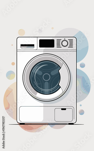A crisp vector illustration of a modern white washing machine appliance featuring minimalist lines and soft watercolor circles in the background perfect for laundry room decor or home maintenance conc