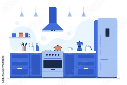 Modern minimalist kitchen interior with blue cabinets and stainless stove for home cooking, featuring a refrigerator hood and utensils, ideal for lifestyle design house renovation or real estate conce