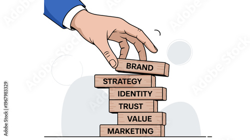 A business professional hand carefully placing a wooden master block labeled brand onto a tower representing key pillars of growth strategy, identity, trust, value, and marketing within a corporate of
