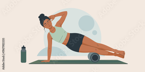 Athletic woman performing side plank core exercise with foam roller for muscle recovery and myofascial release on yoga mat, flat vector illustration showing fitness training, wellness, healthy lifesty